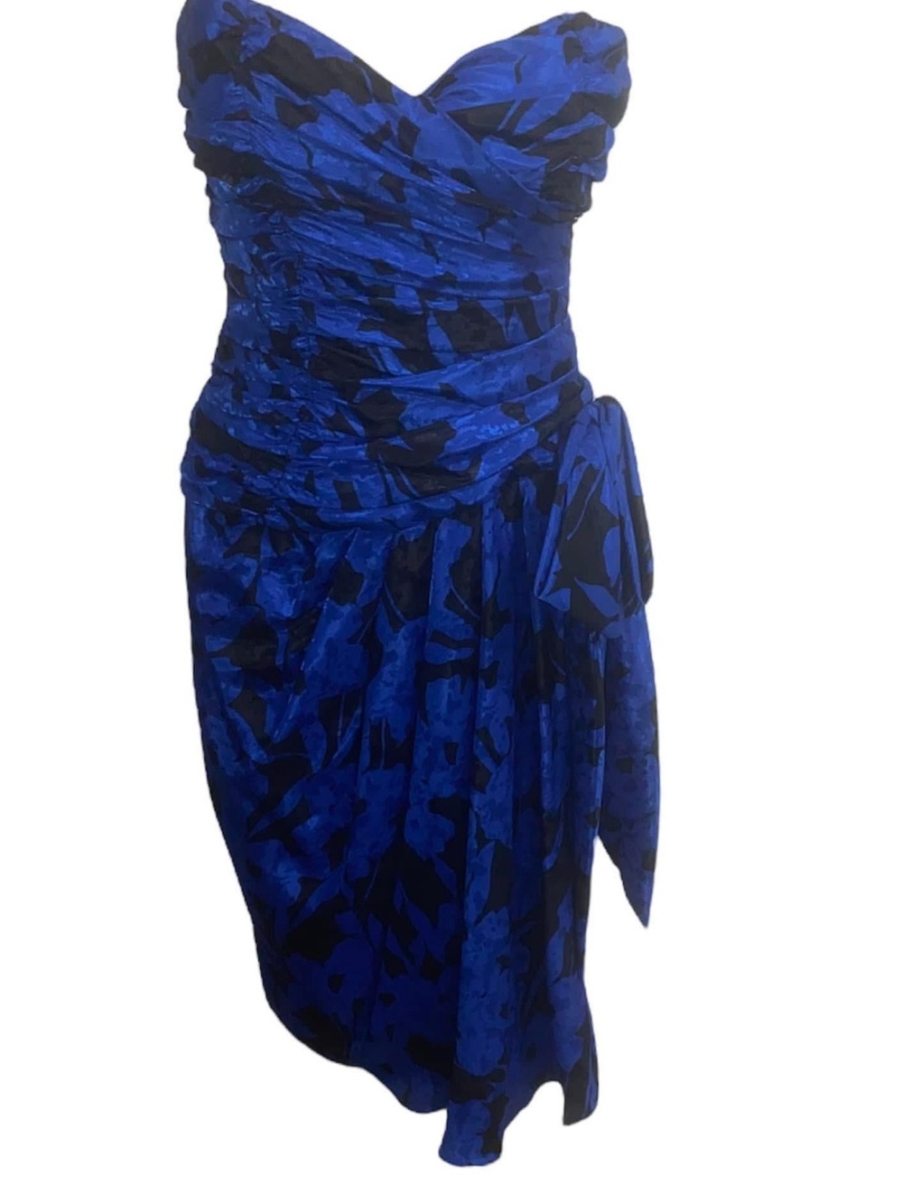 Women’s Blue Black Ruched Strapless Swim Cover-Up Dress